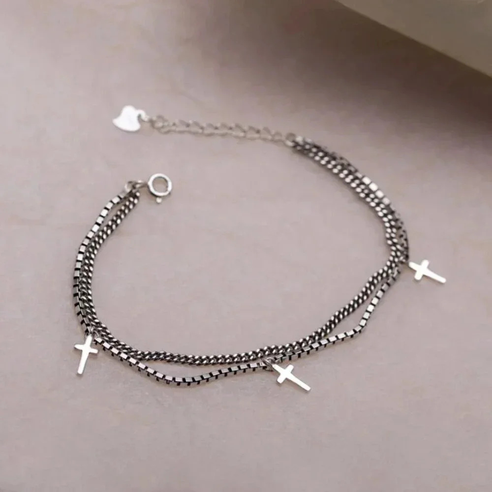 925 Sterling Silver Dainty Minimalist Cross Bracelet Layered Box Chain Bracelet